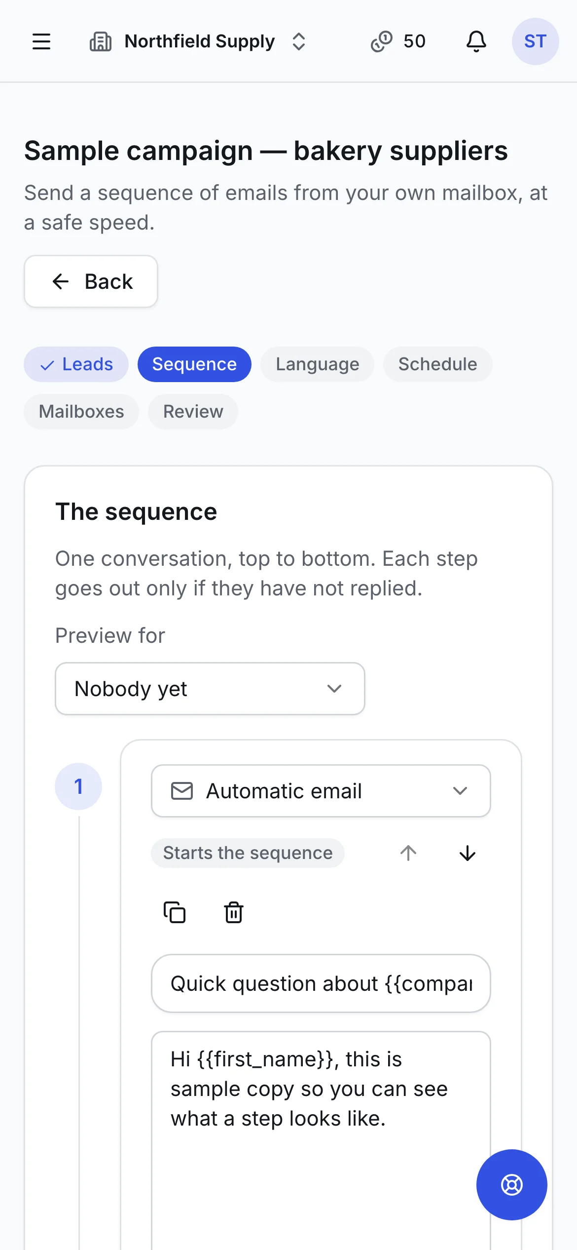 The sequence editor: a timeline of email and LinkedIn steps, with the wait between each one, on a phone
