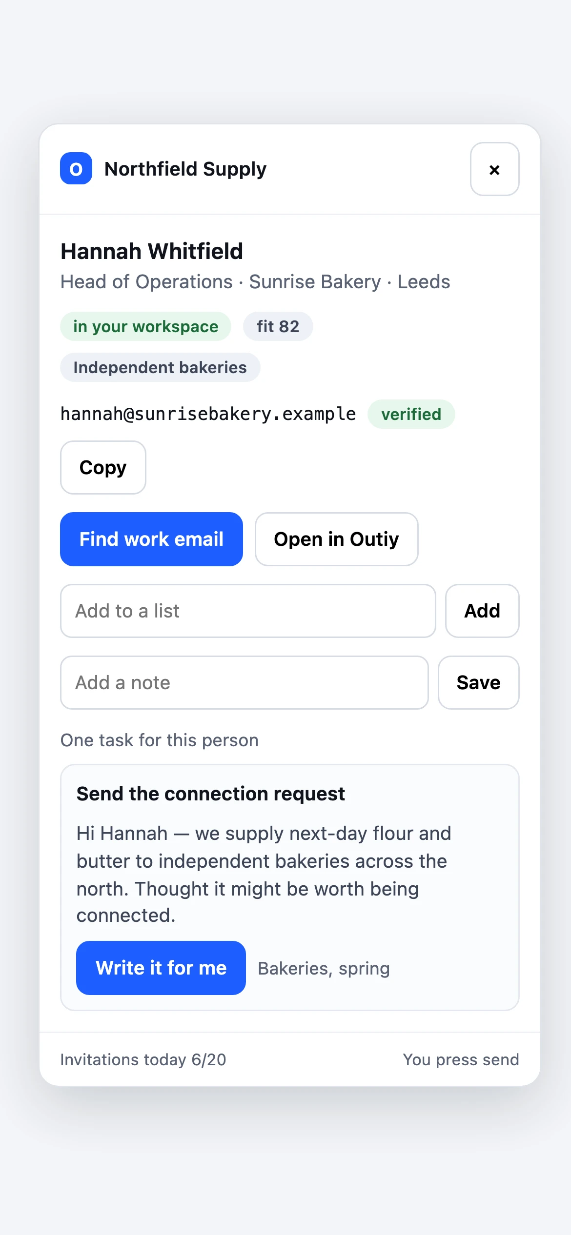 The Outiy panel beside a LinkedIn profile, showing the saved lead, a verified email and the connection request waiting to be sent, on a phone