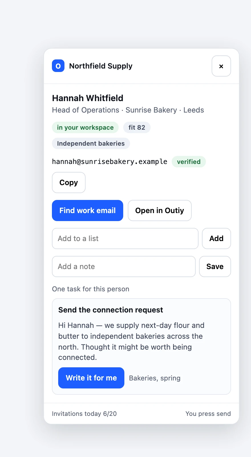 The Outiy panel beside a LinkedIn profile, showing the saved lead, a verified email and the connection request waiting to be sent