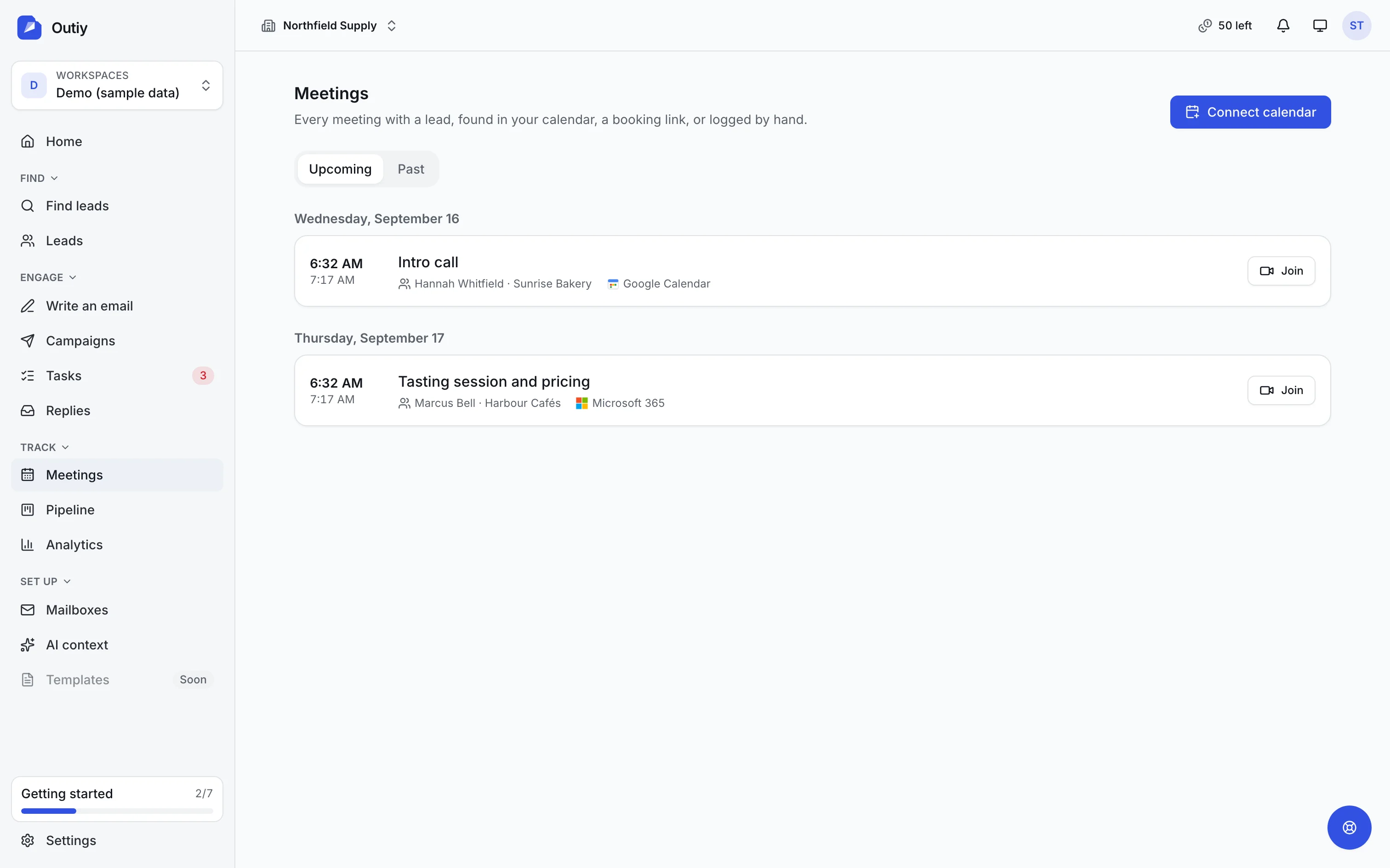 The meetings page with upcoming meetings grouped by day and join buttons