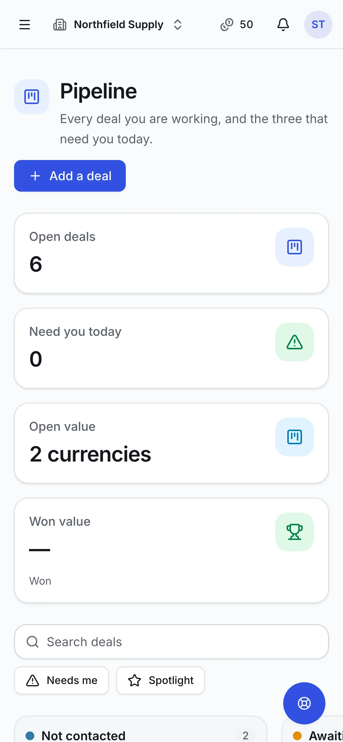 The pipeline board with deals in columns by stage, on a phone