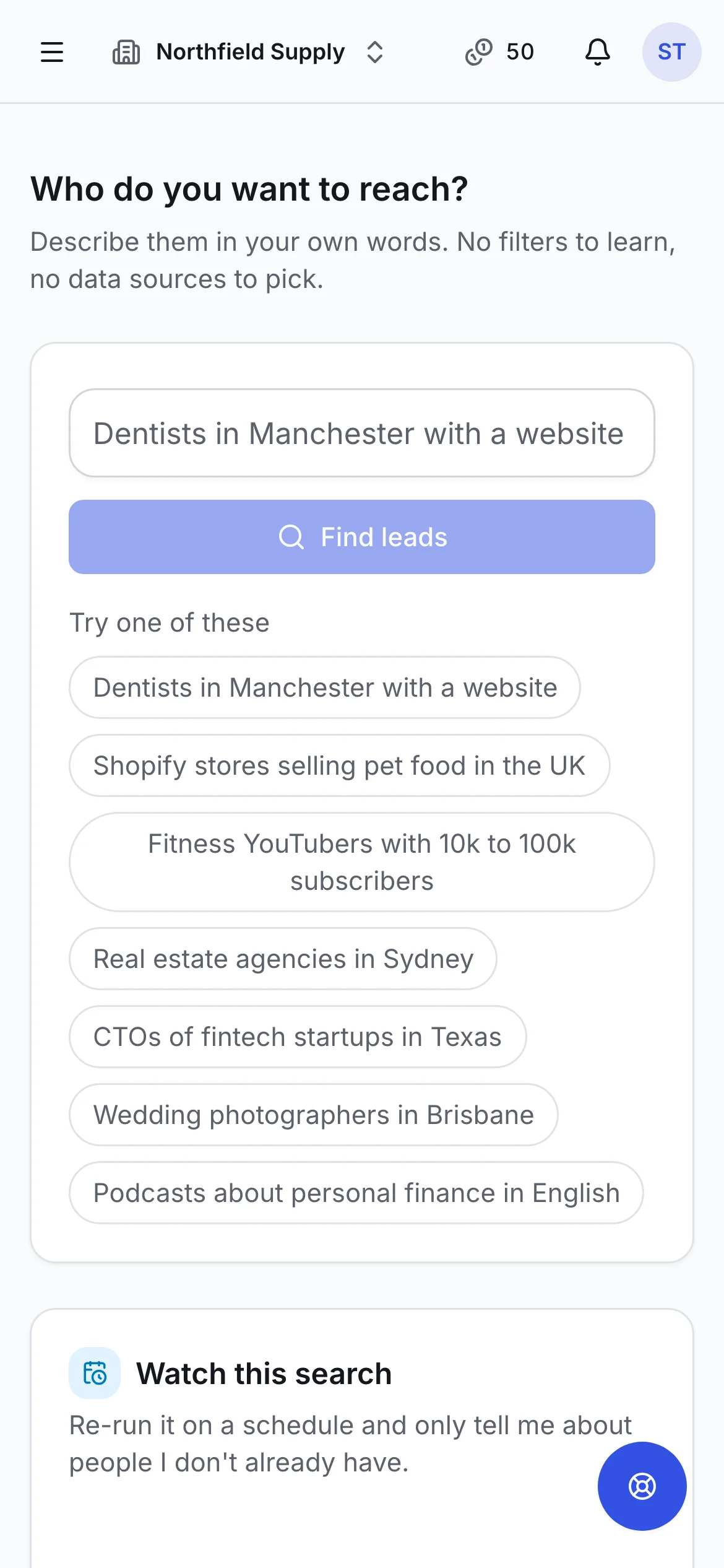 The Find leads screen with a plain-language search box and an editable search plan, on a phone
