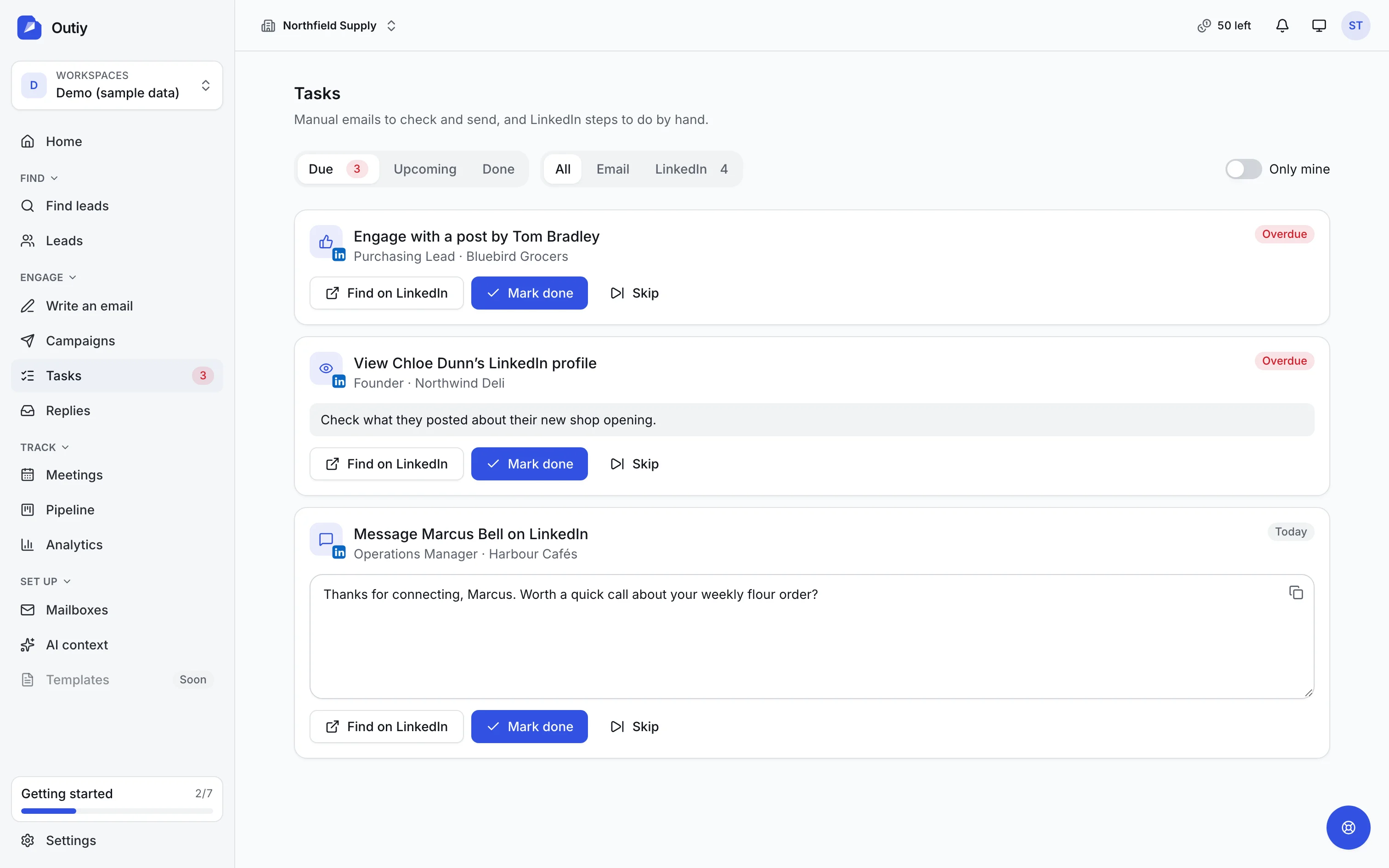 The tasks queue with LinkedIn and manual email tasks